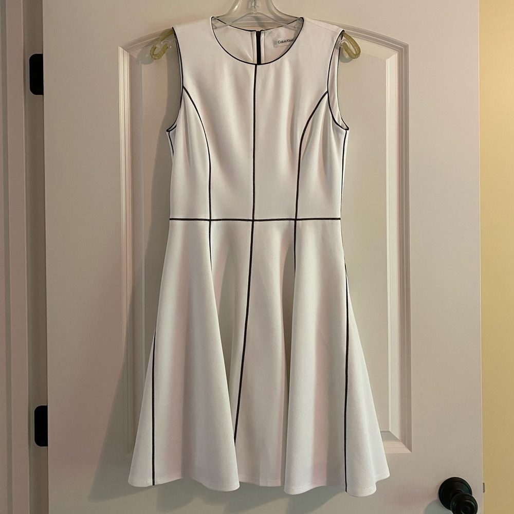 Calvin Klein white dress with black stitching, size 8